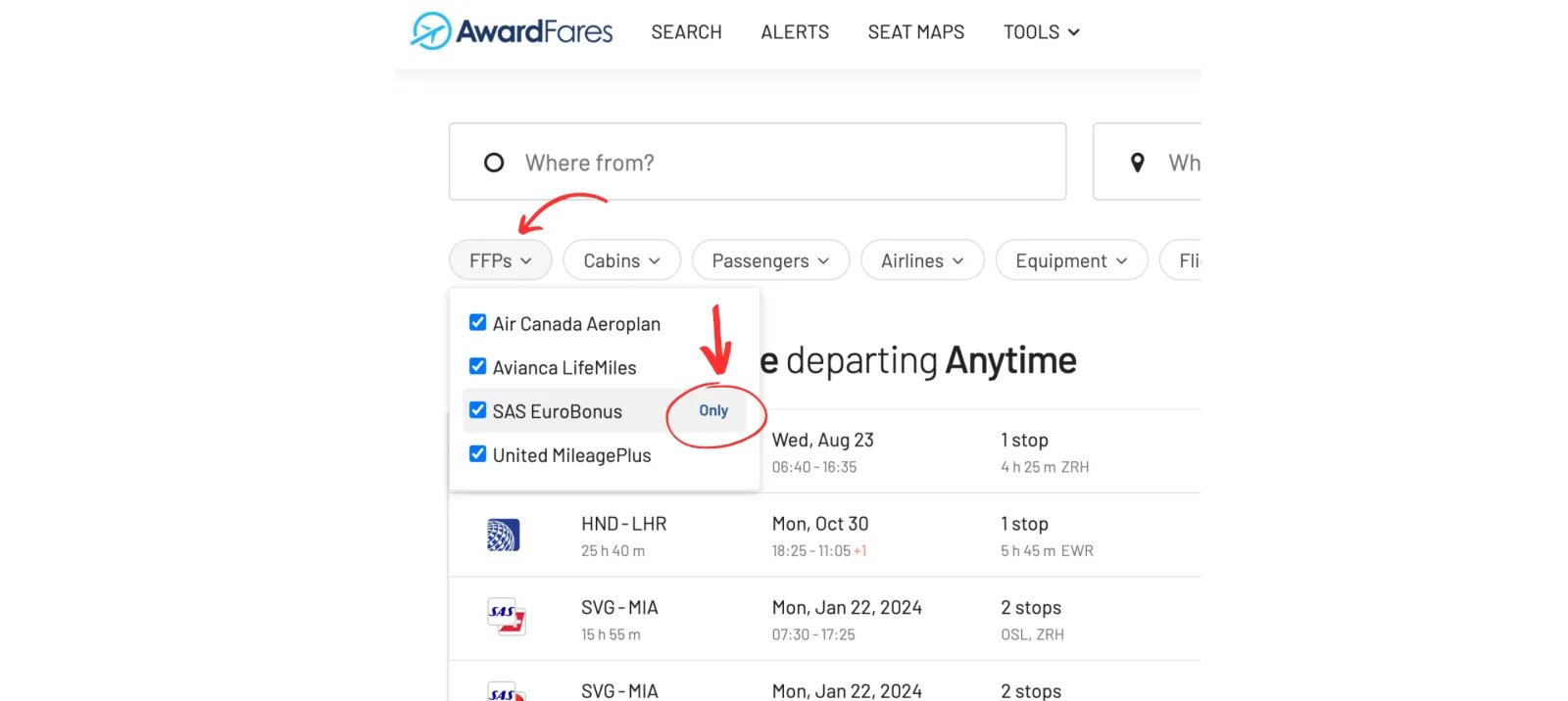 AwardFares filter by frequent flyer program.