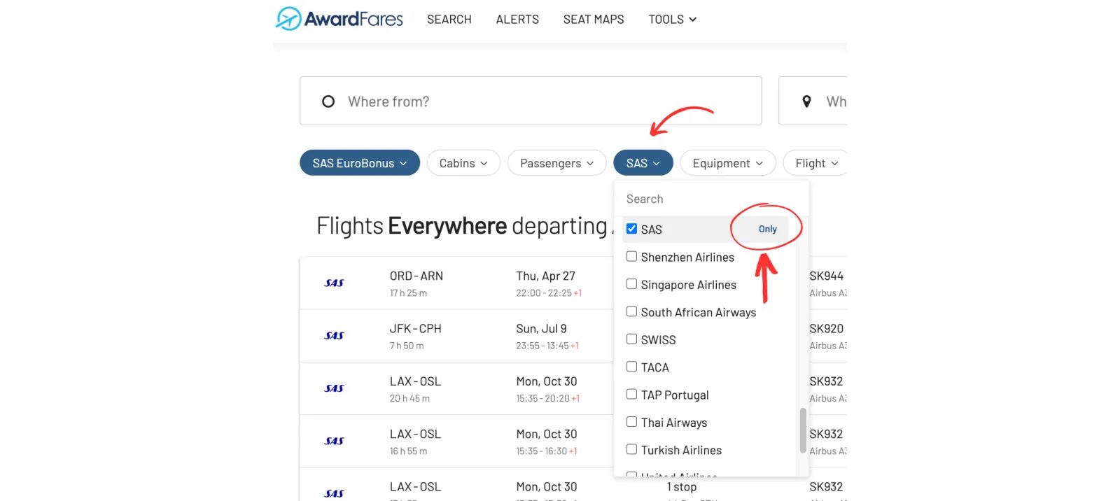 AwardFares filter by frequent flyer program.