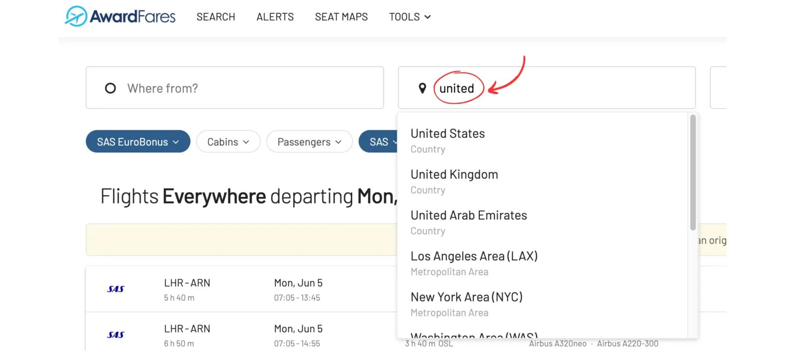 AwardFares filter by frequent flyer program.