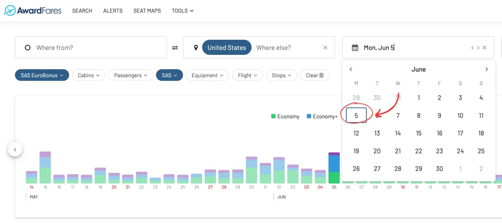 AwardFares filter by frequent flyer program.