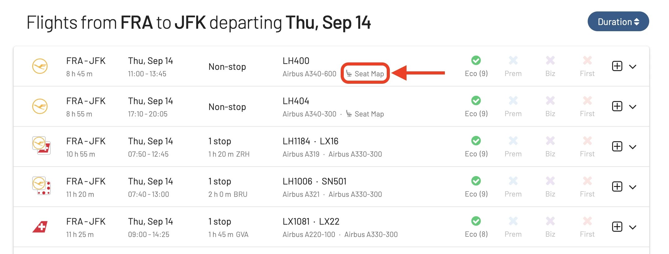 Abrir la vista del mapa de asientos desde AwardFares.