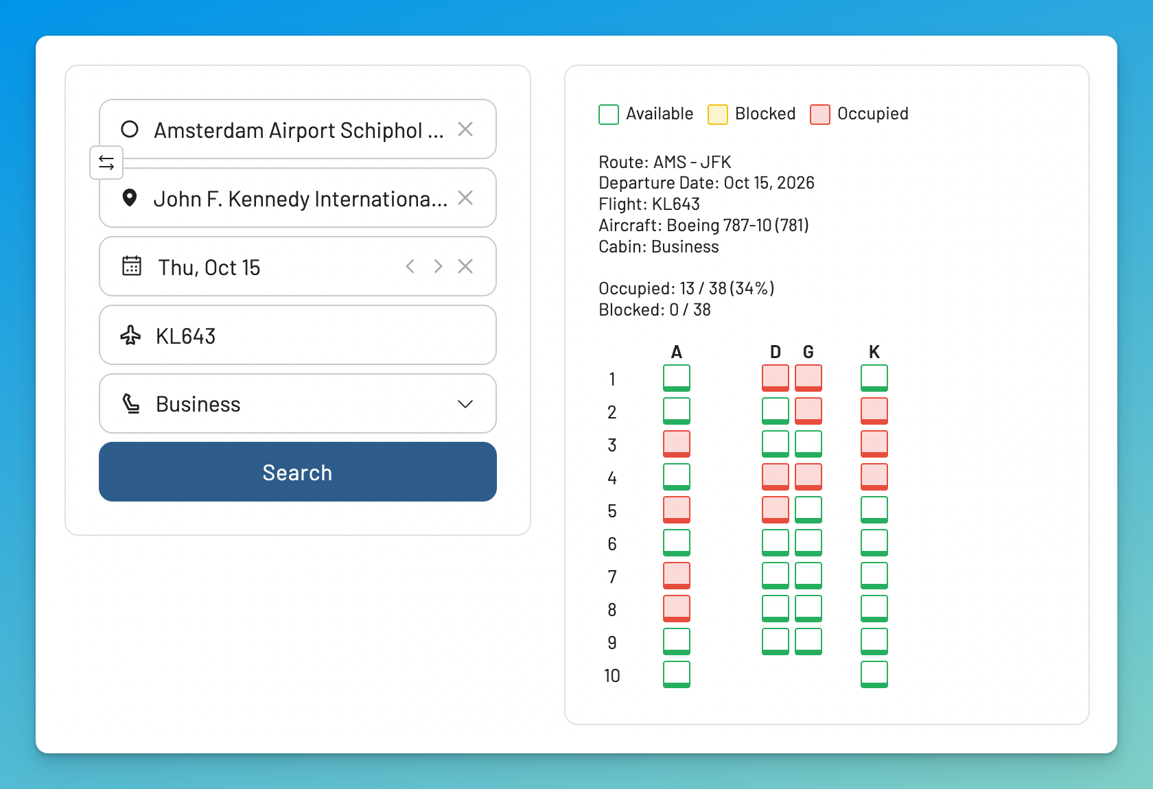 Seat map results showing available and occupied seats for a flight.