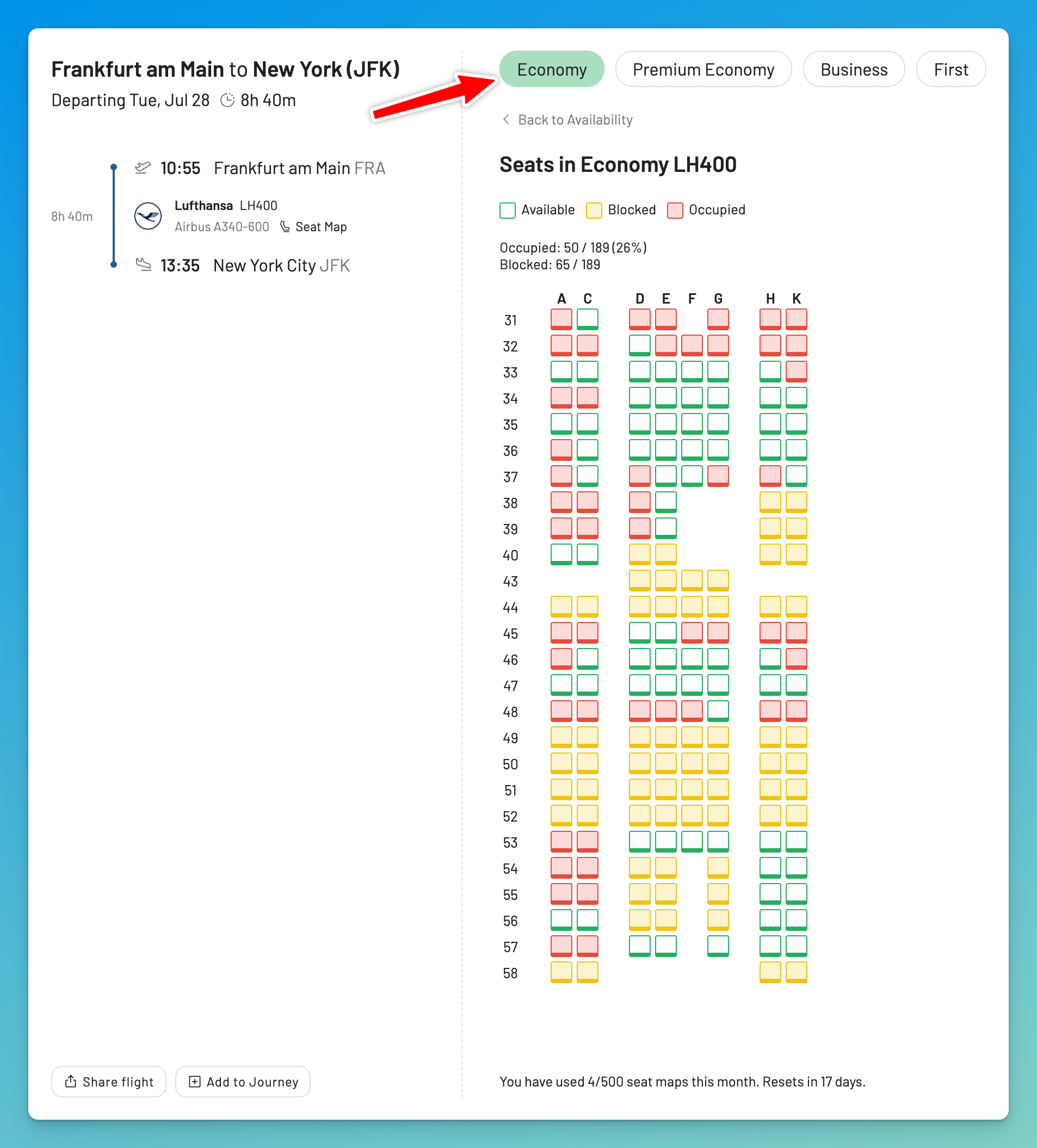 Changing cabin class in the AwardFares Seat Map View