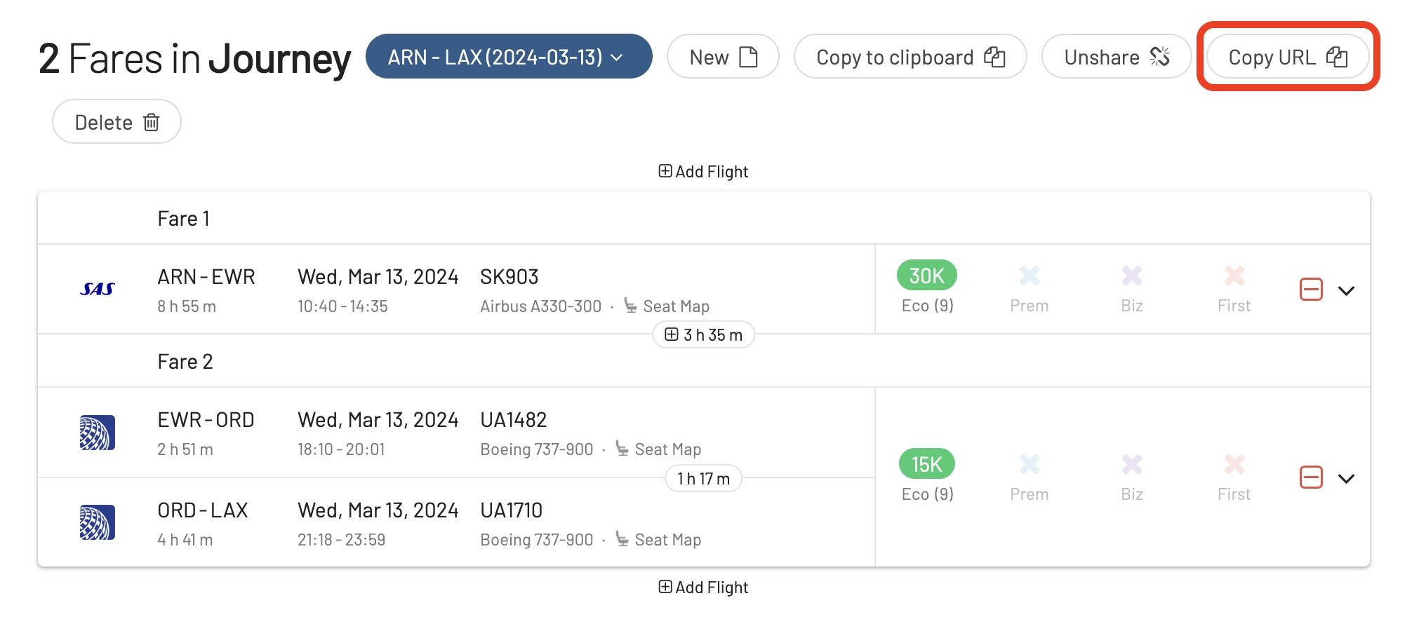 Copy journey URL in AwardFares.