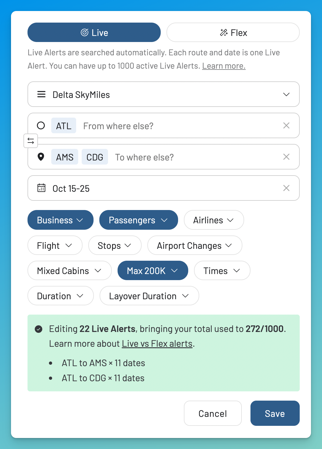 Set a Delta SkyMiles seat alert in AwardFares