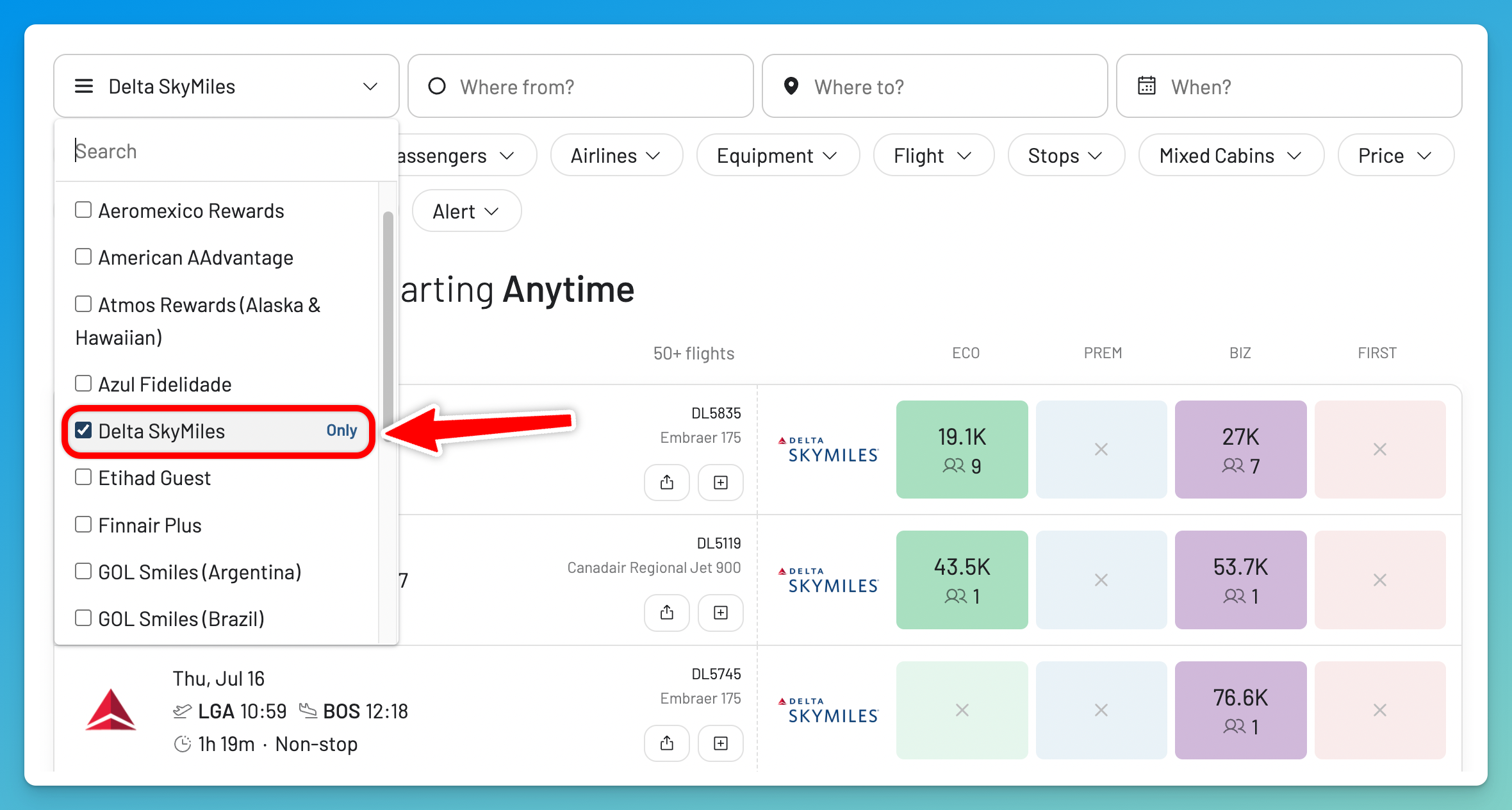 Select Delta SkyMiles in AwardFares Frequent Flyer Program Picker.