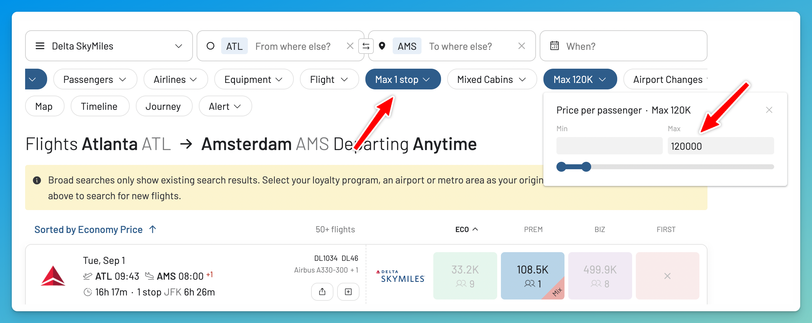 Filter Delta SkyMiles results by cabin and maximum price.