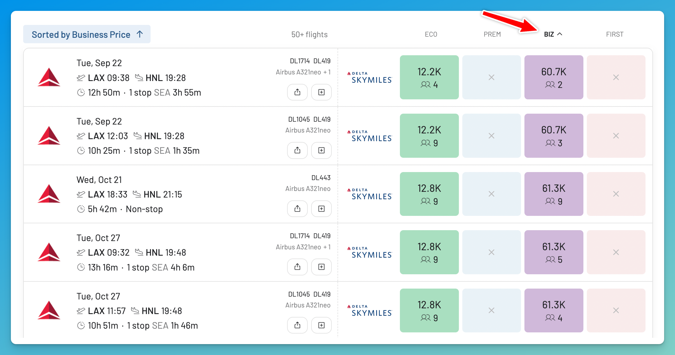 AwardFares search sorted by lowest Delta SkyMiles Business price from Los Angeles to Honolulu, showing awards from 60,700 miles.