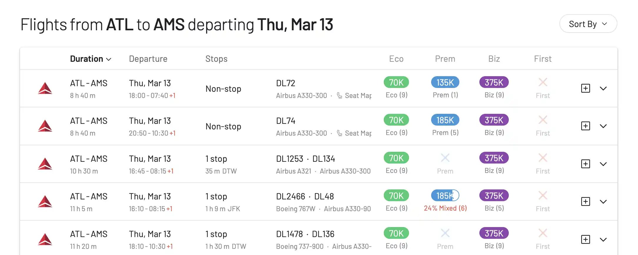 AwardFares showing a list of Delta SkyMiles award flights, including partner airlines.