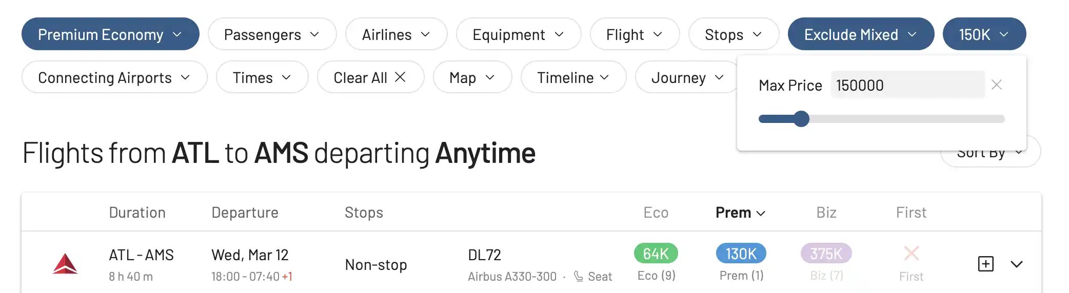 Filter Delta SkyMiles results by cabin and maximum price.
