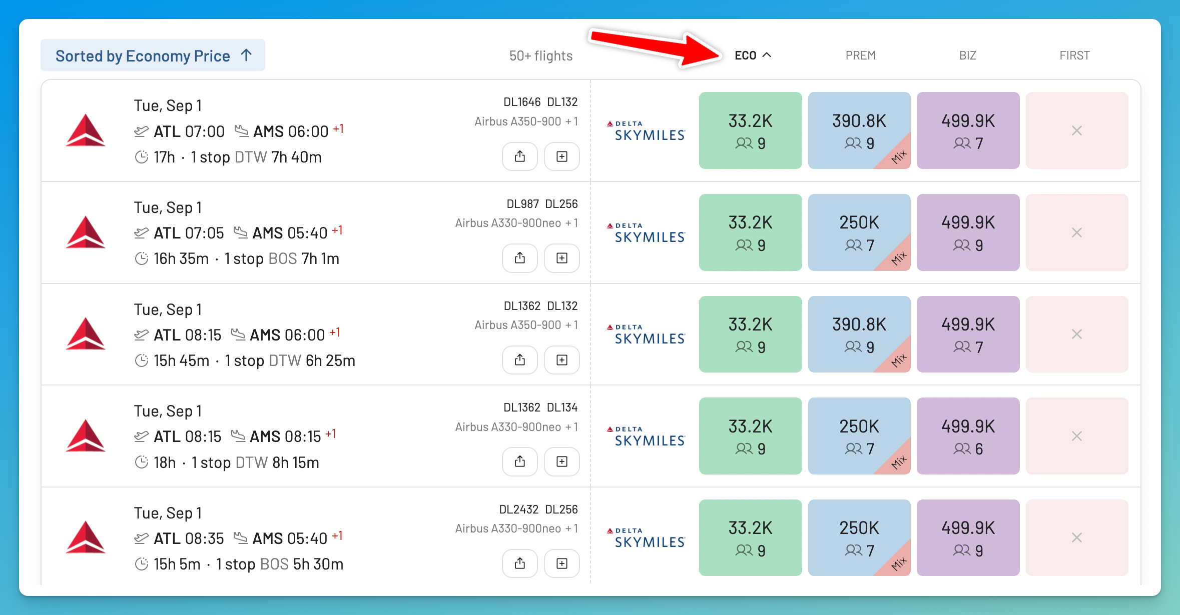 Sort Delta SkyMiles award flights by price to find the cheapest seats.