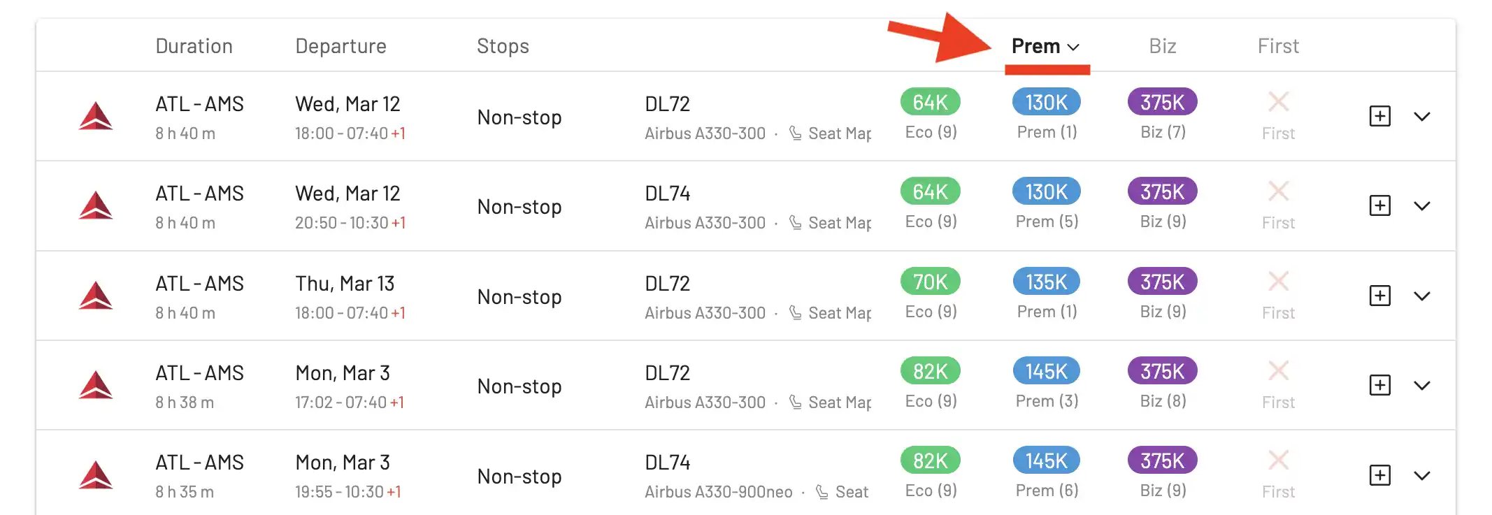 Sort Delta SkyMiles award flights by price to find the cheapest seats.