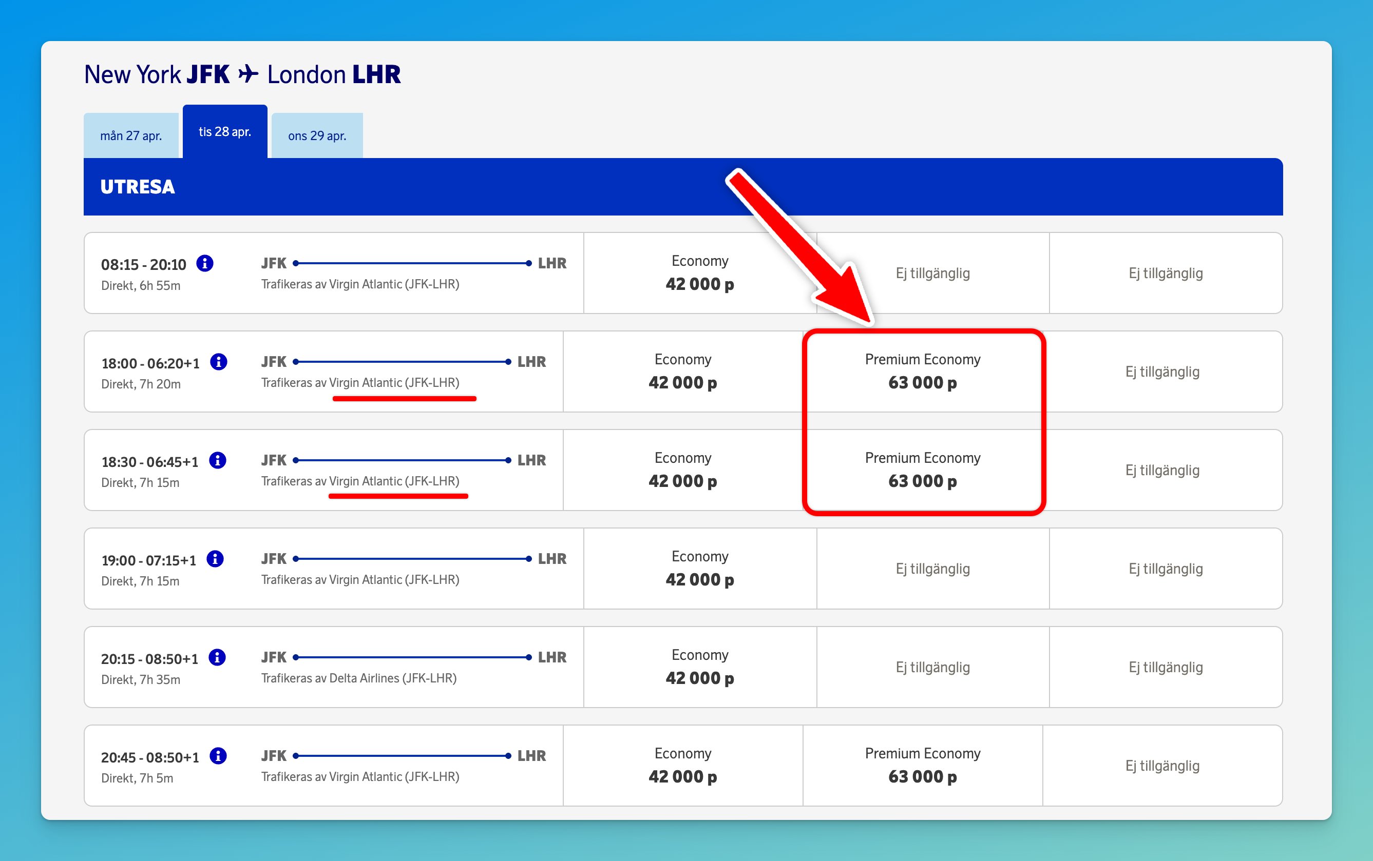 The fastest way to scan SkyTeam Premium Economy availability across all partners with EuroBonus is using AwardFares.