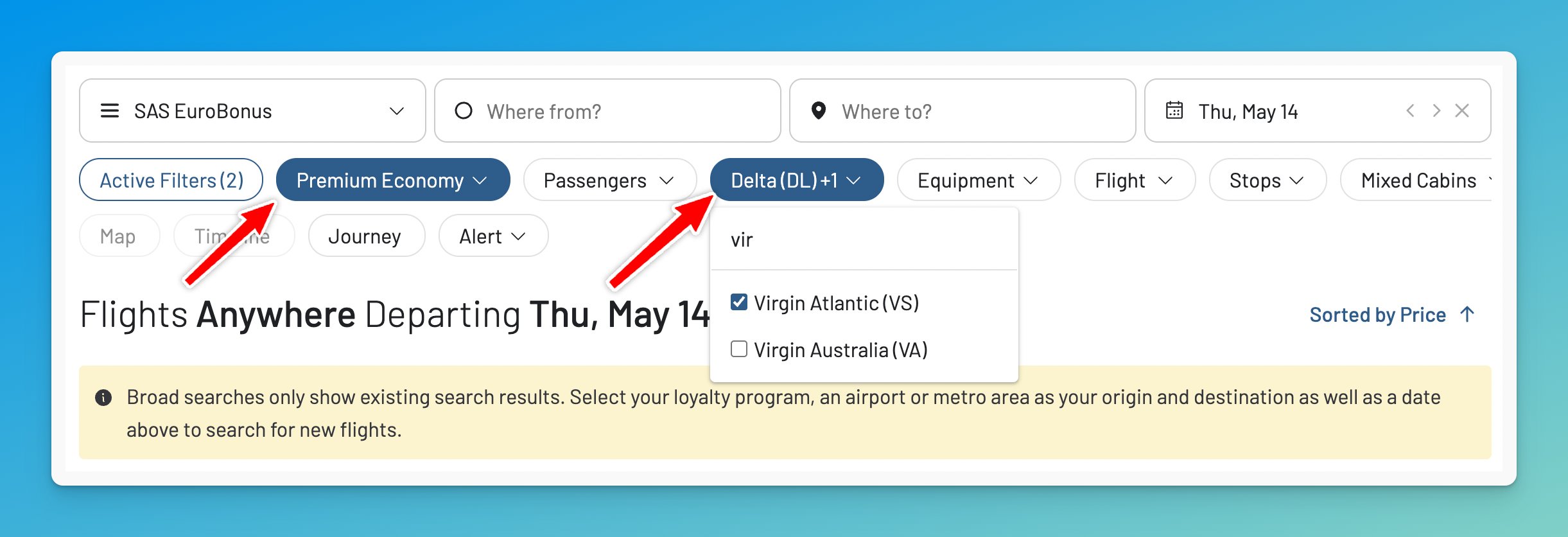 The fastest way to scan SkyTeam Premium Economy availability across all partners with EuroBonus is using AwardFares broad search