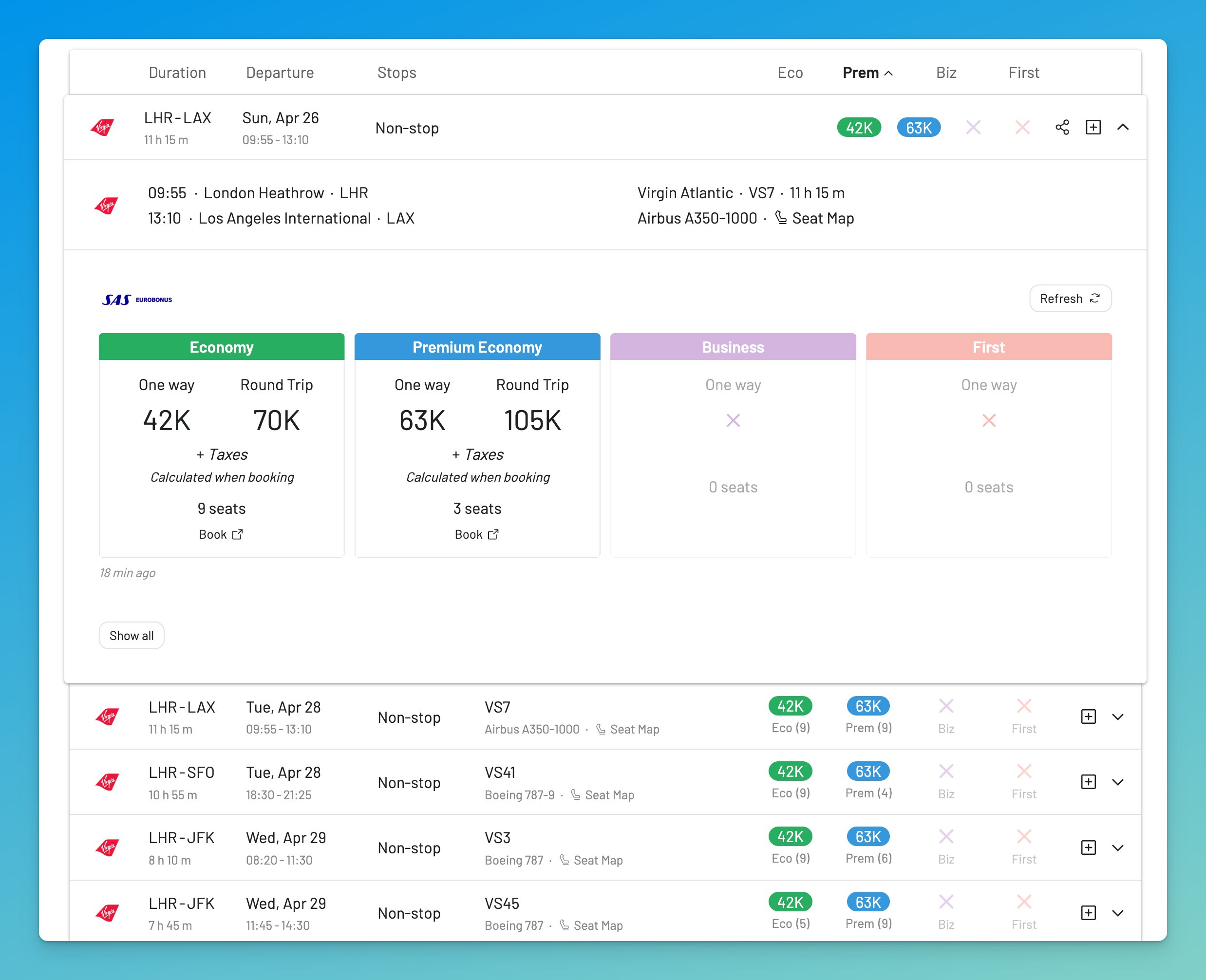 Virgin Atlantic Premium Economy availability LHR to US on AwardFares with SAS EuroBonus