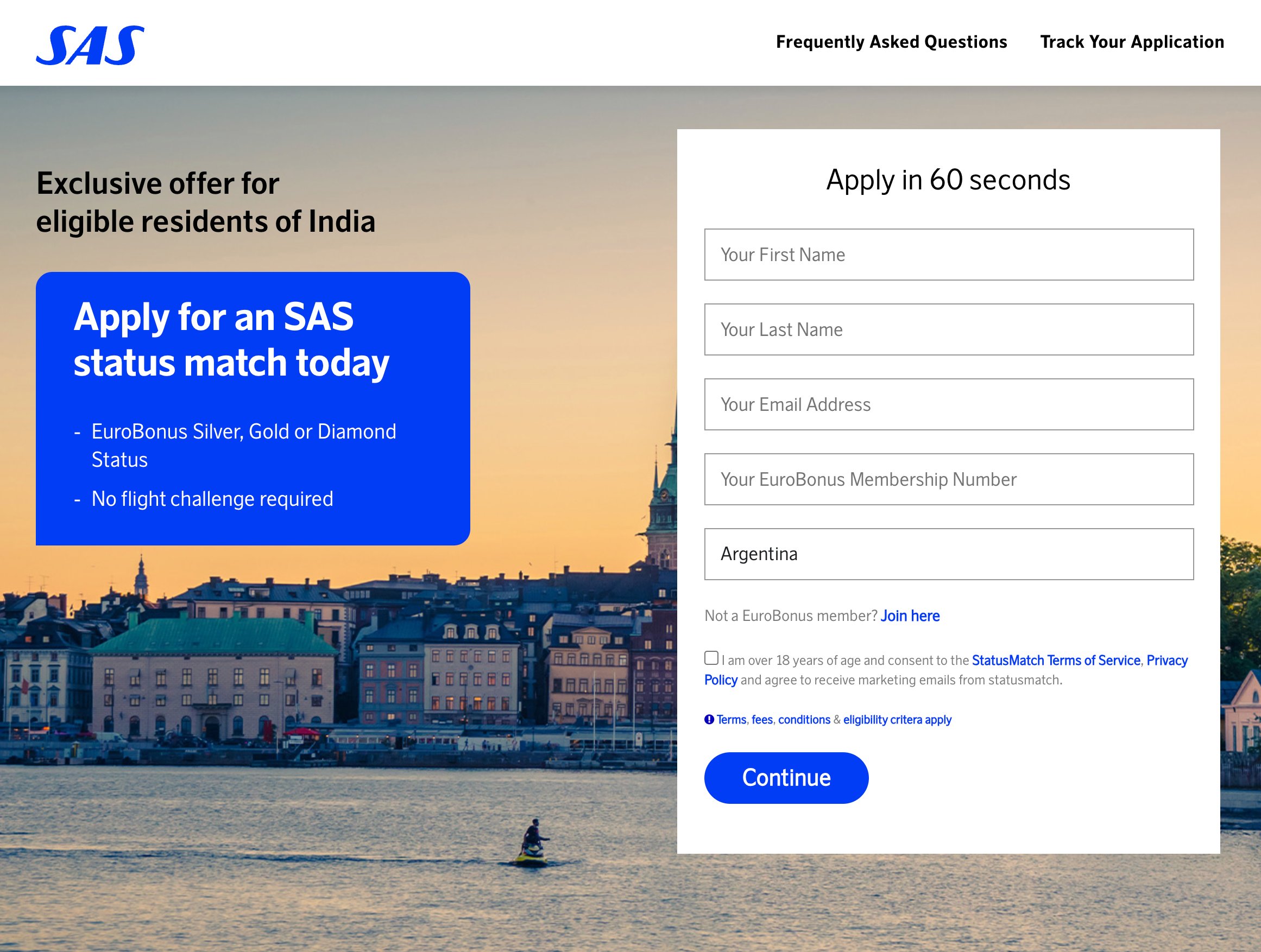 SAS EuroBonus Status Match — India Exclusive paid offer.