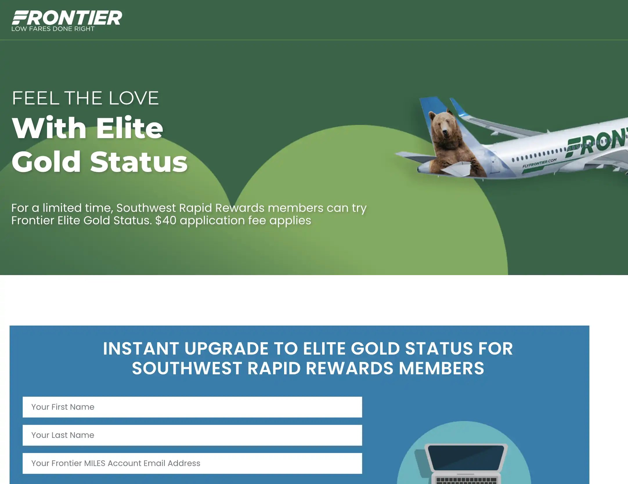 Oferta activa de match de categoría con Frontier Airlines.