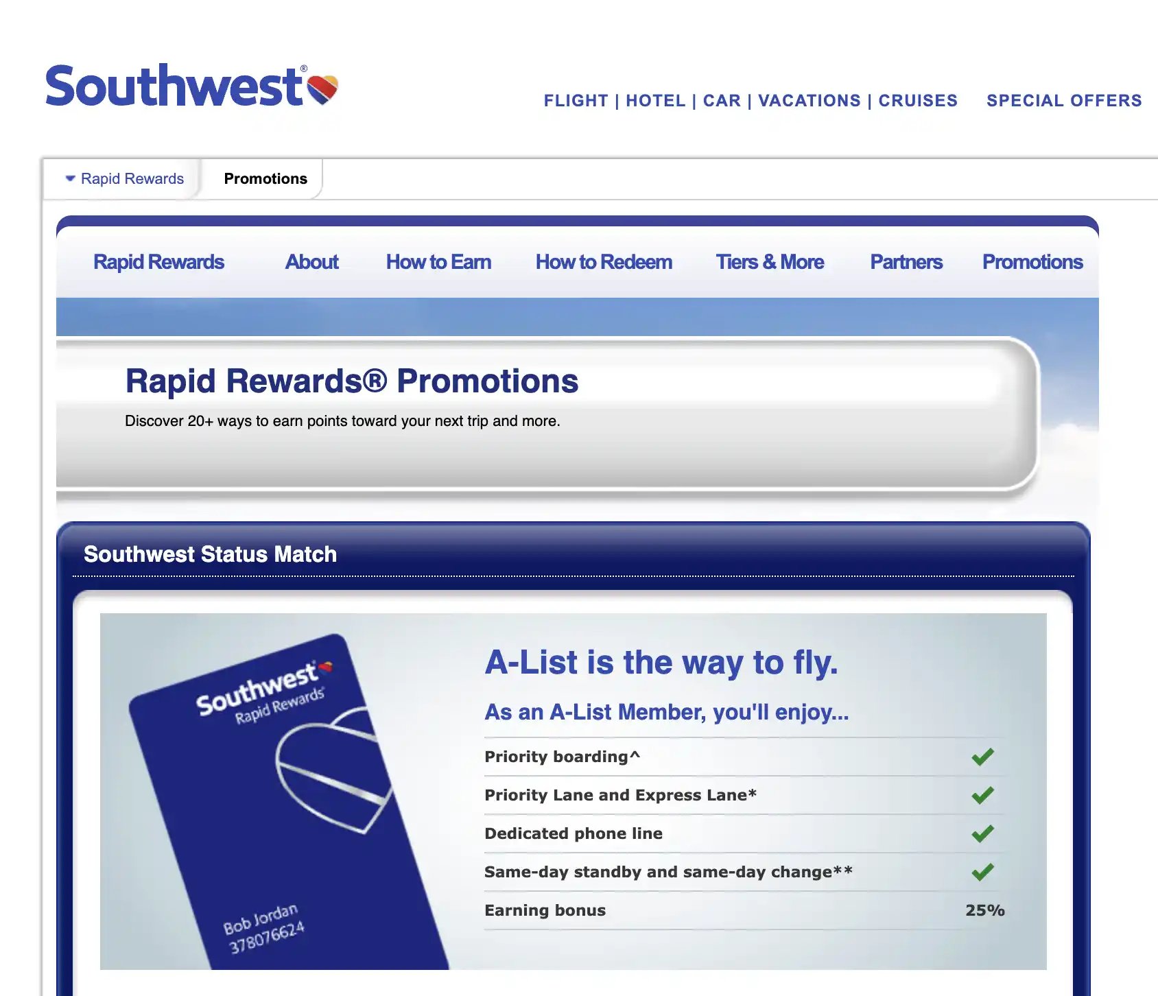 Ongoing Southwest Status Match Offer.