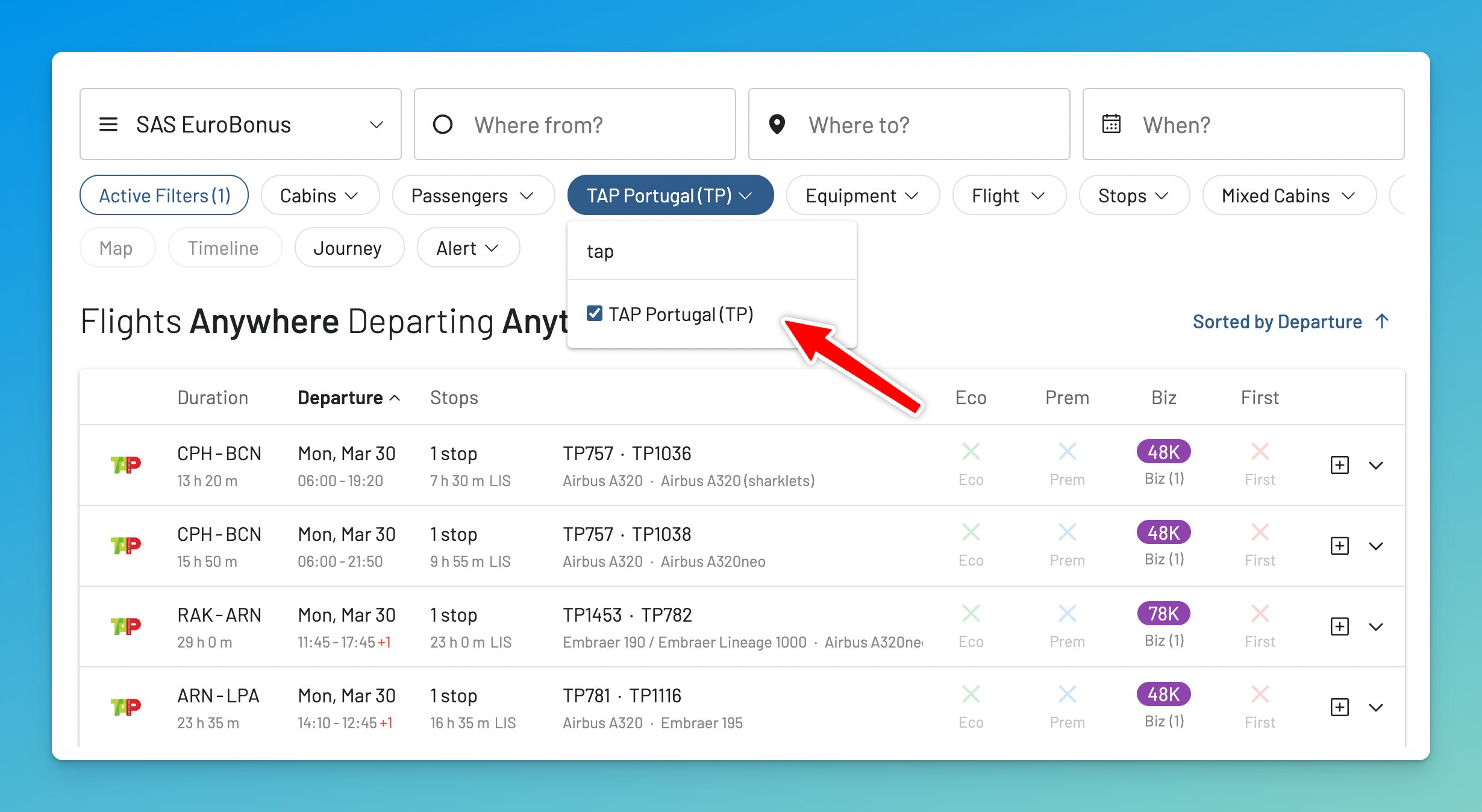 Select TAP as airline in AwardFares
