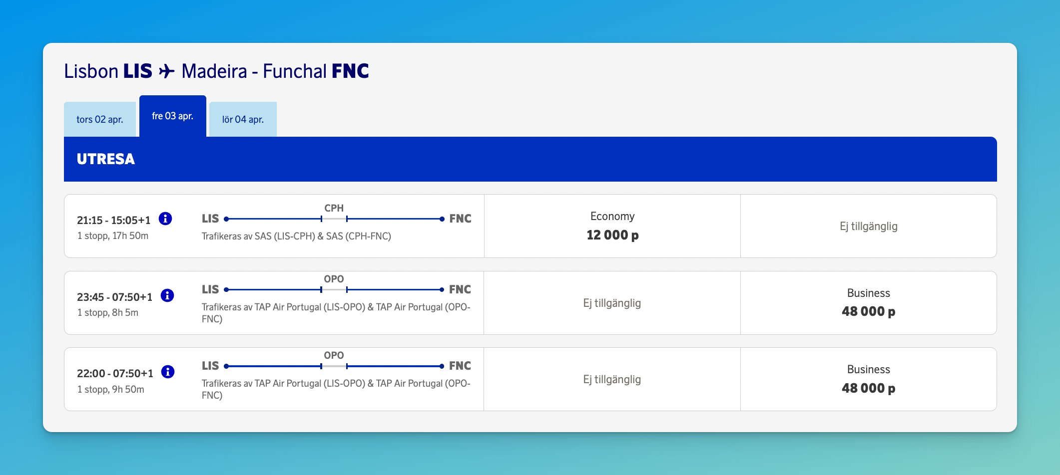 Book TAP award flights on SAS website