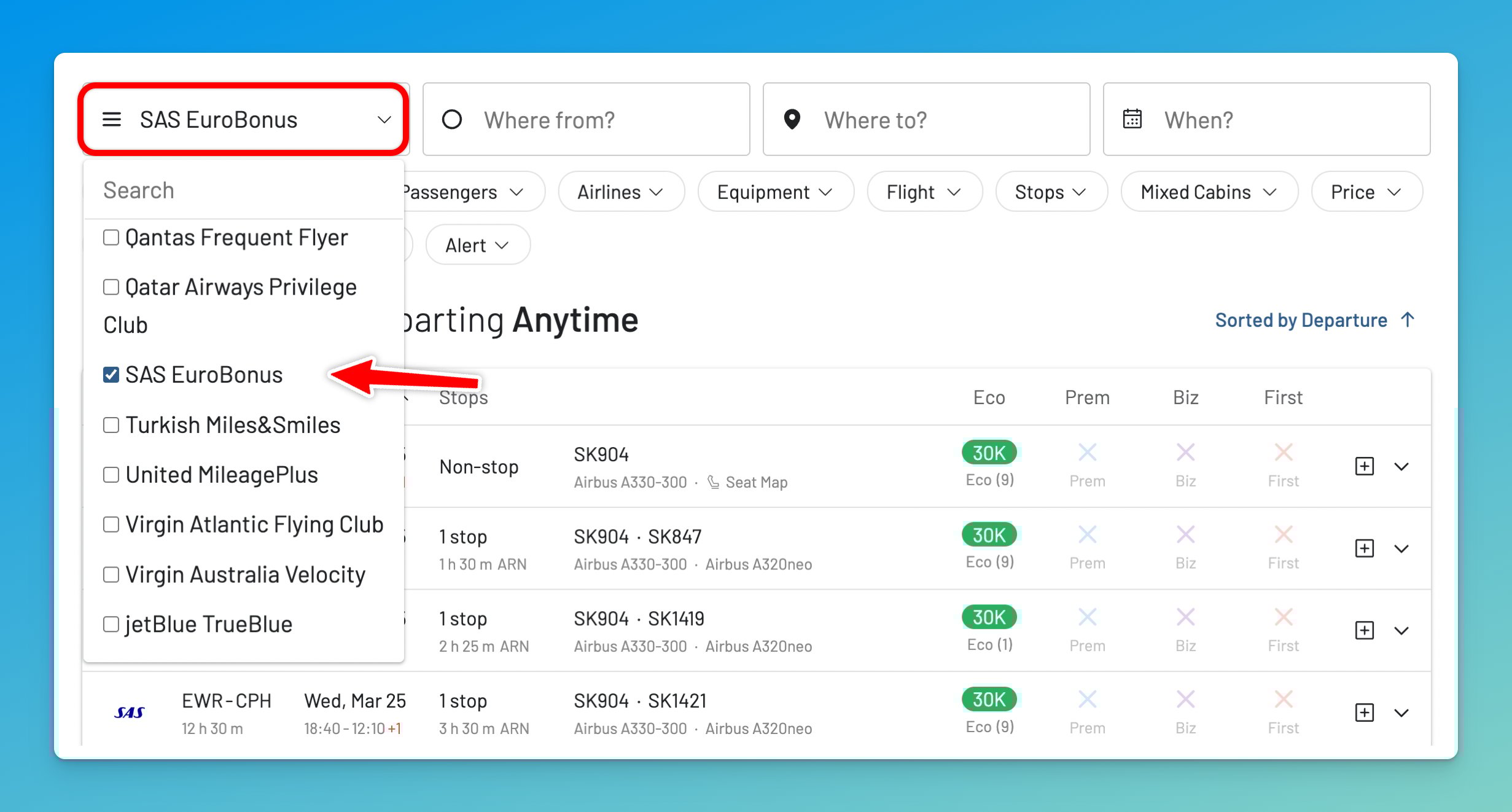 Select SAS EuroBonus as FFP