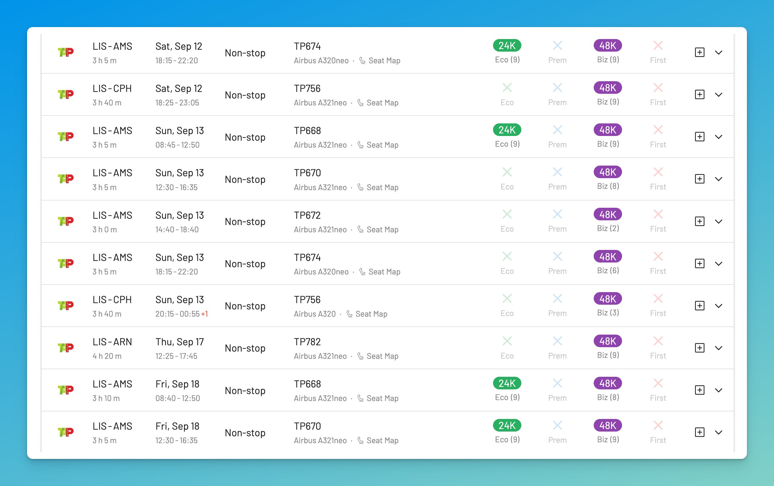 TAP Air Portugal Business Class award availability Lisbon to Scandinavia Copenhagen Oslo Stockholm EuroBonus