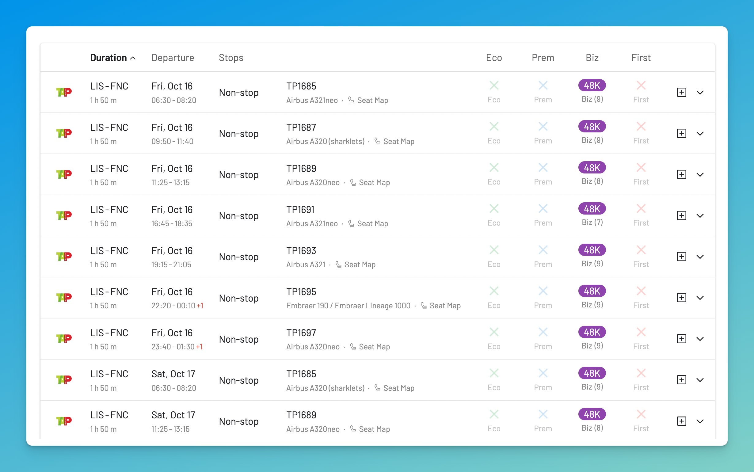 TAP Air Portugal Business Class award availability Lisbon to Funchal Madeira EuroBonus