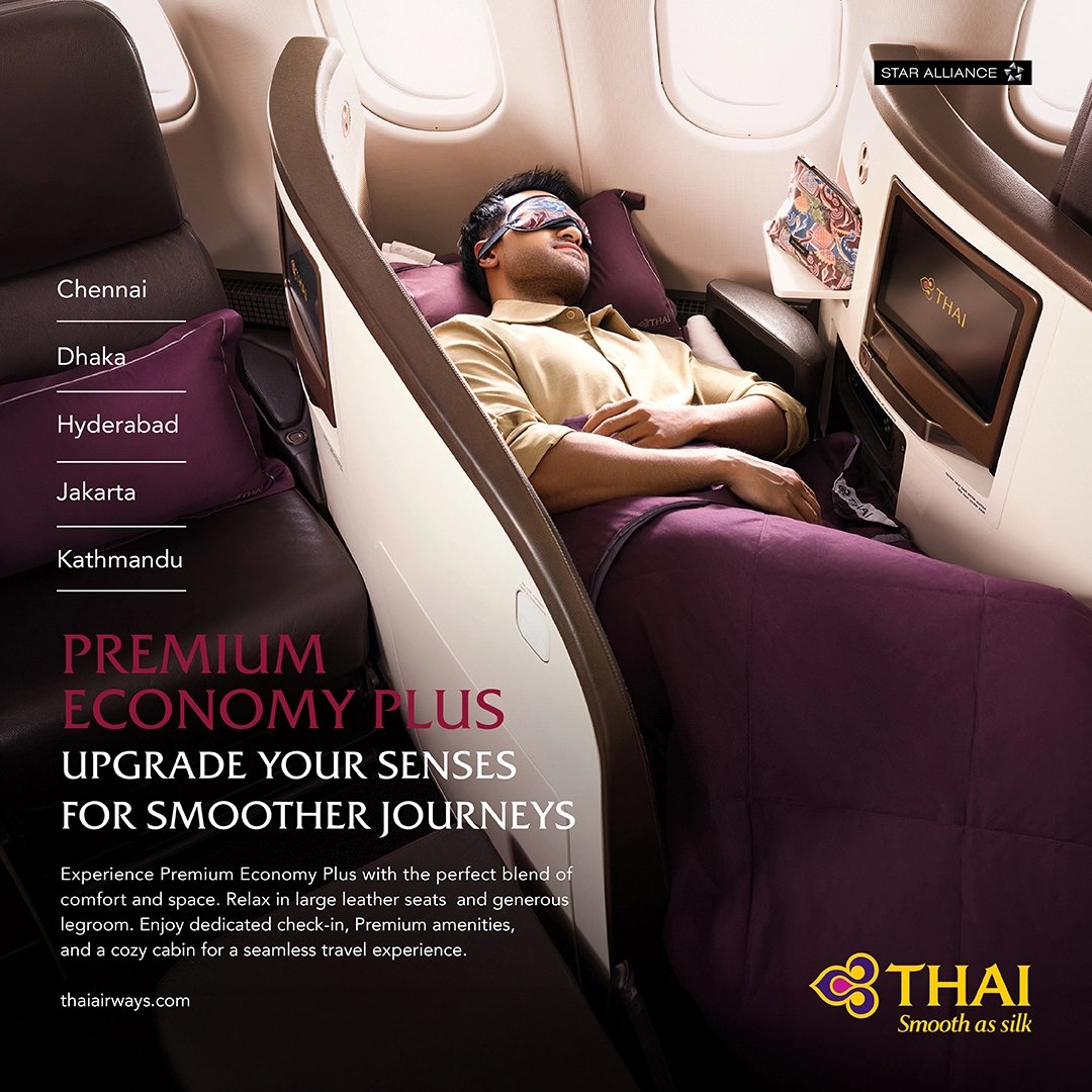 The new Thai Airways Premium Economy Plus lie-flat seat in a herringbone configuration.