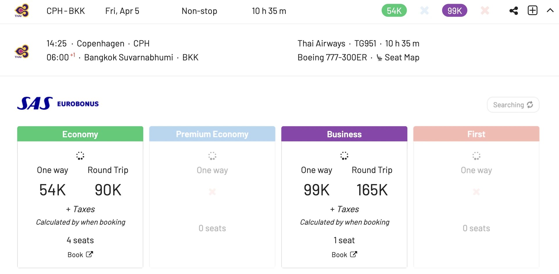 Copenhagen to Bangkok with Thai Airways using EuroBonus points.