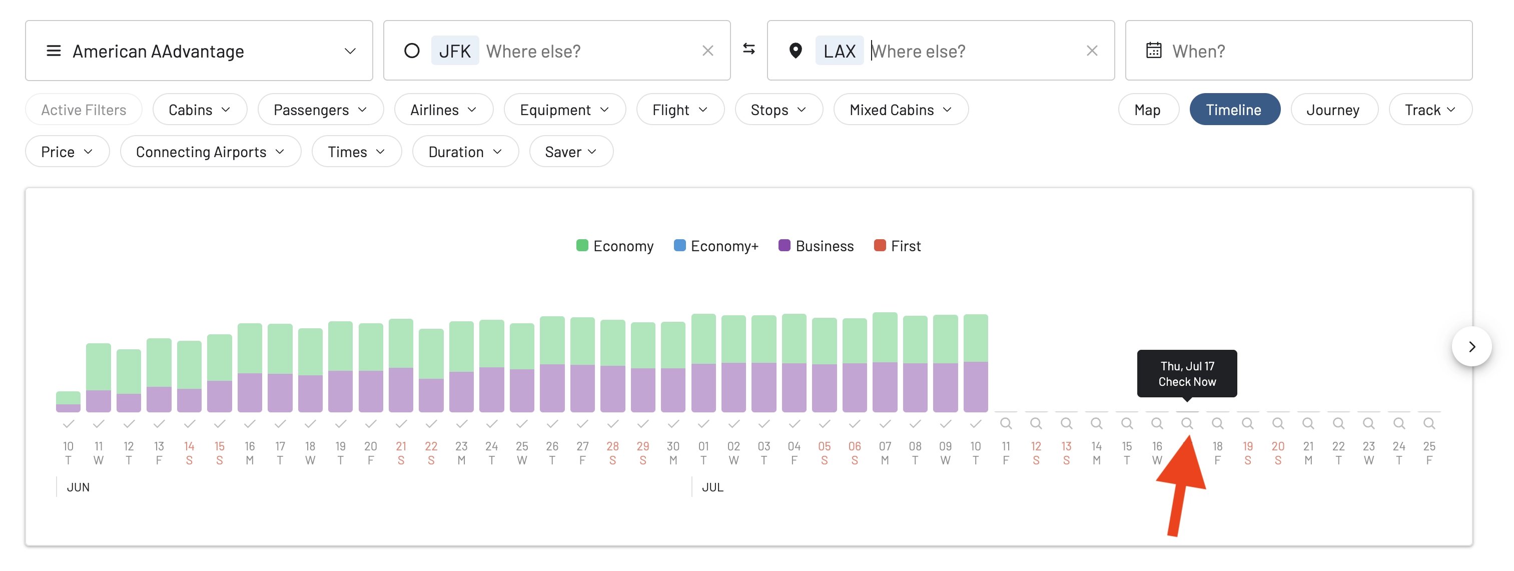 Close-up of the refresh icon on the AwardFares Timeline View for a specific date.