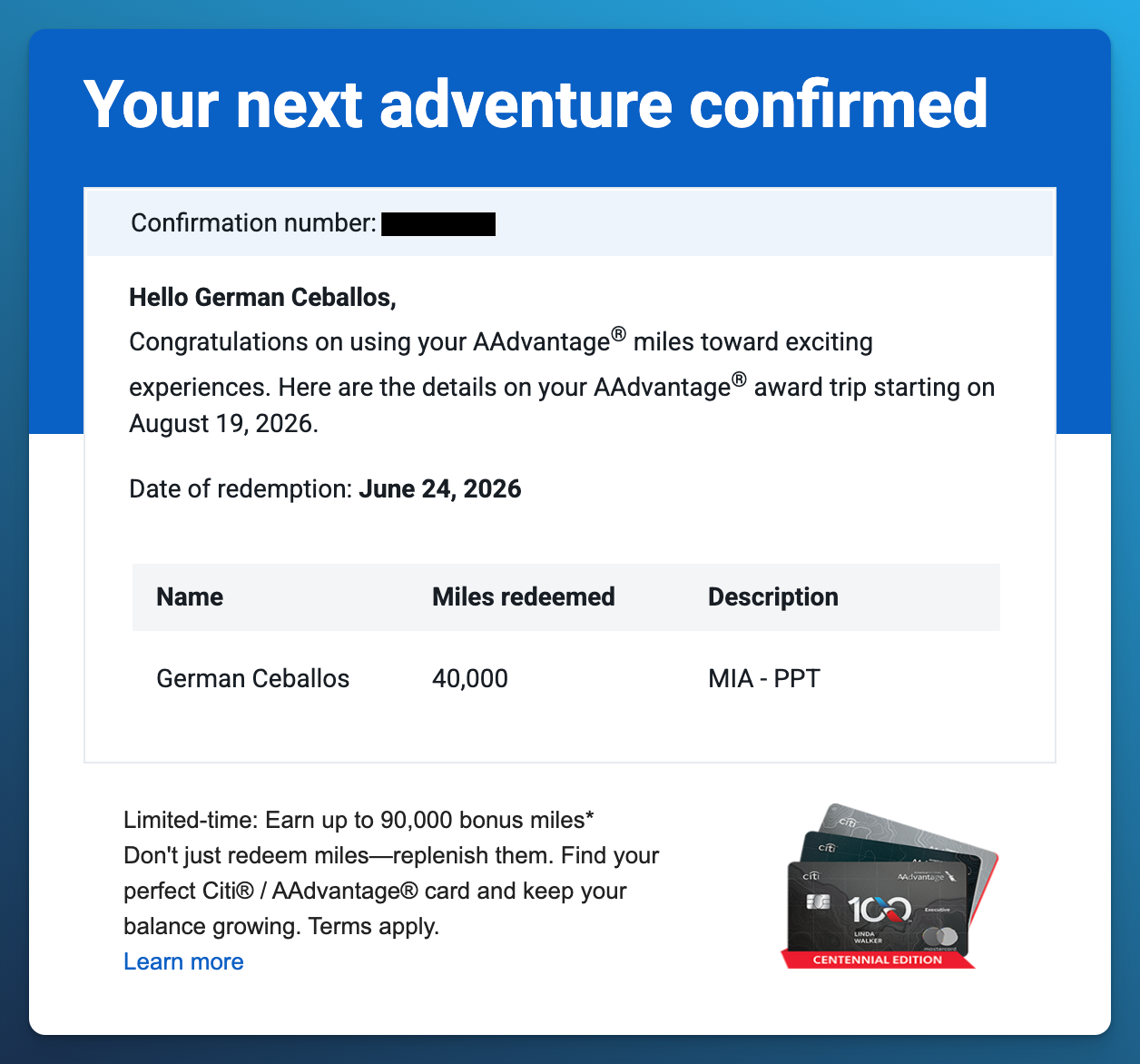 American AAdvantage award confirmation showing 40,000 miles redeemed for one passenger from Miami to Papeete.