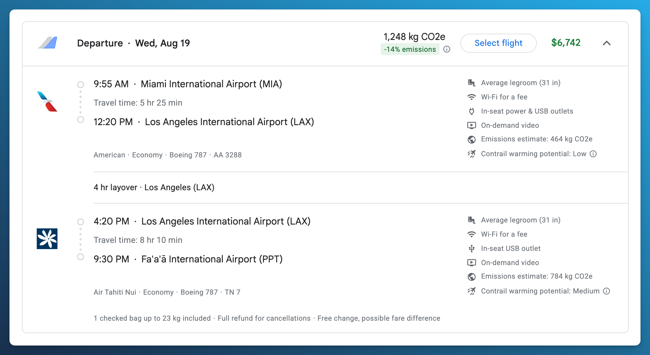 Cash itinerary from Miami to Papeete via Los Angeles on American Airlines and Air Tahiti Nui priced at 6,742 dollars.