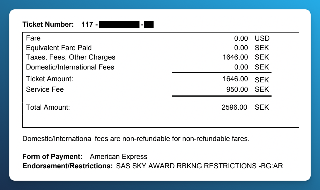 SAS award ticket receipt showing 1,646 SEK in taxes and charges, a 950 SEK service fee, and a total of 2,596 SEK.