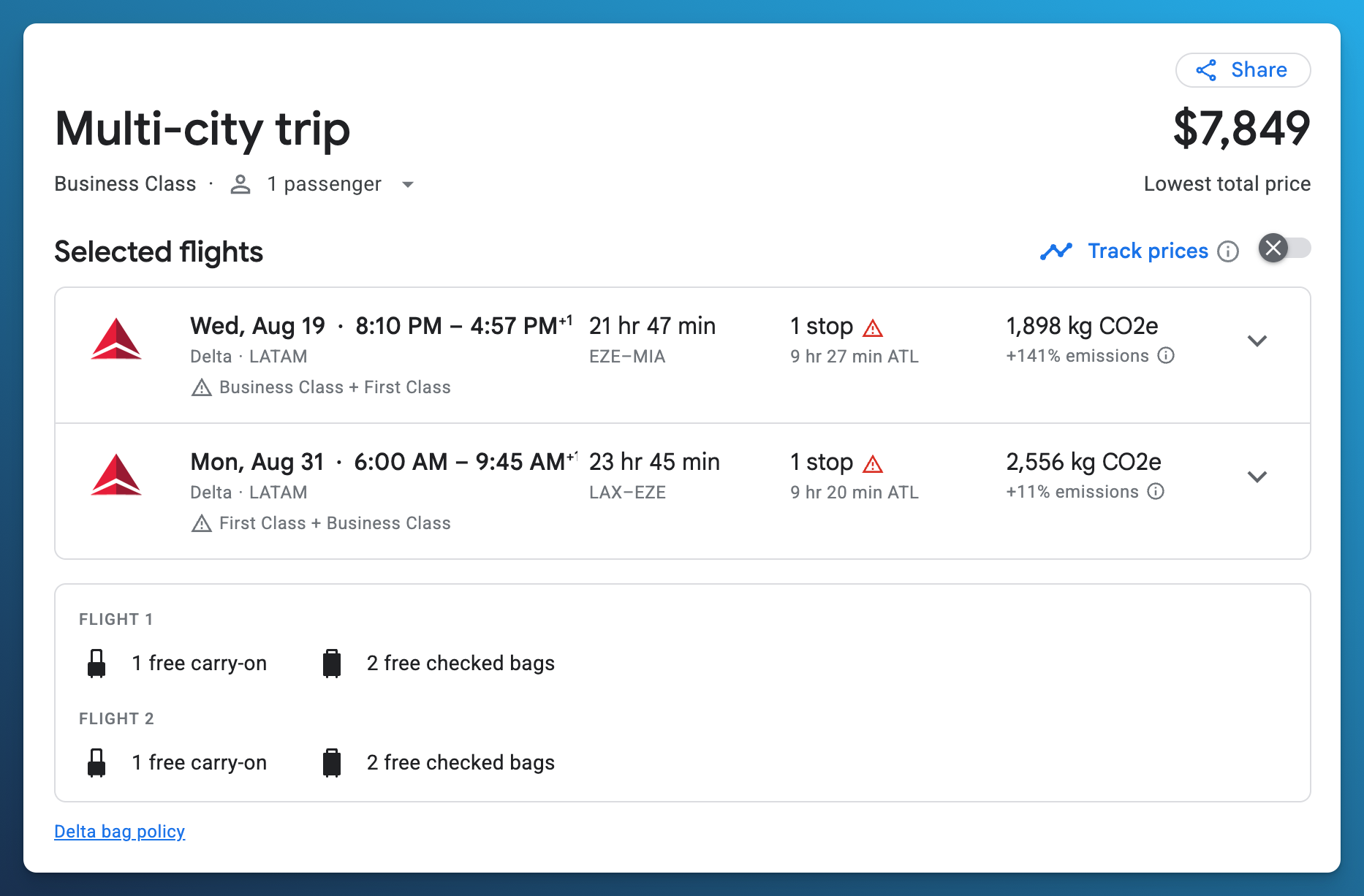 Google Flights multi-city Business and First Class cash fare of 7,849 dollars for one passenger from Buenos Aires to Miami and Los Angeles to Buenos Aires.