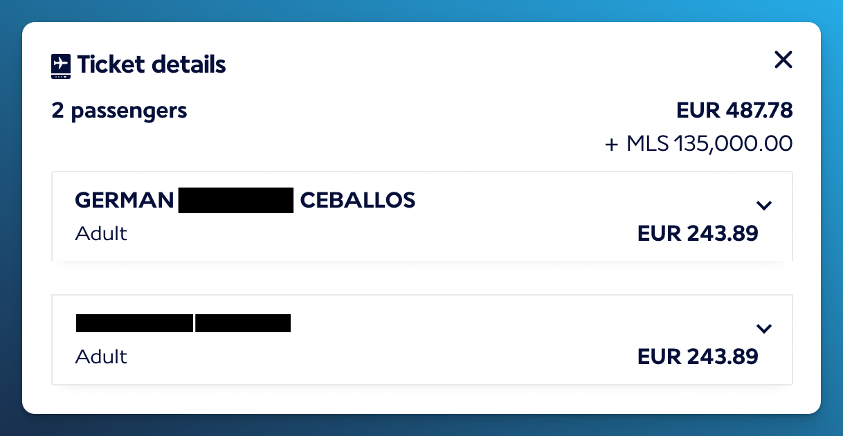 Flying Blue ticket details showing 135,000 miles and 487.78 euros for two passengers.