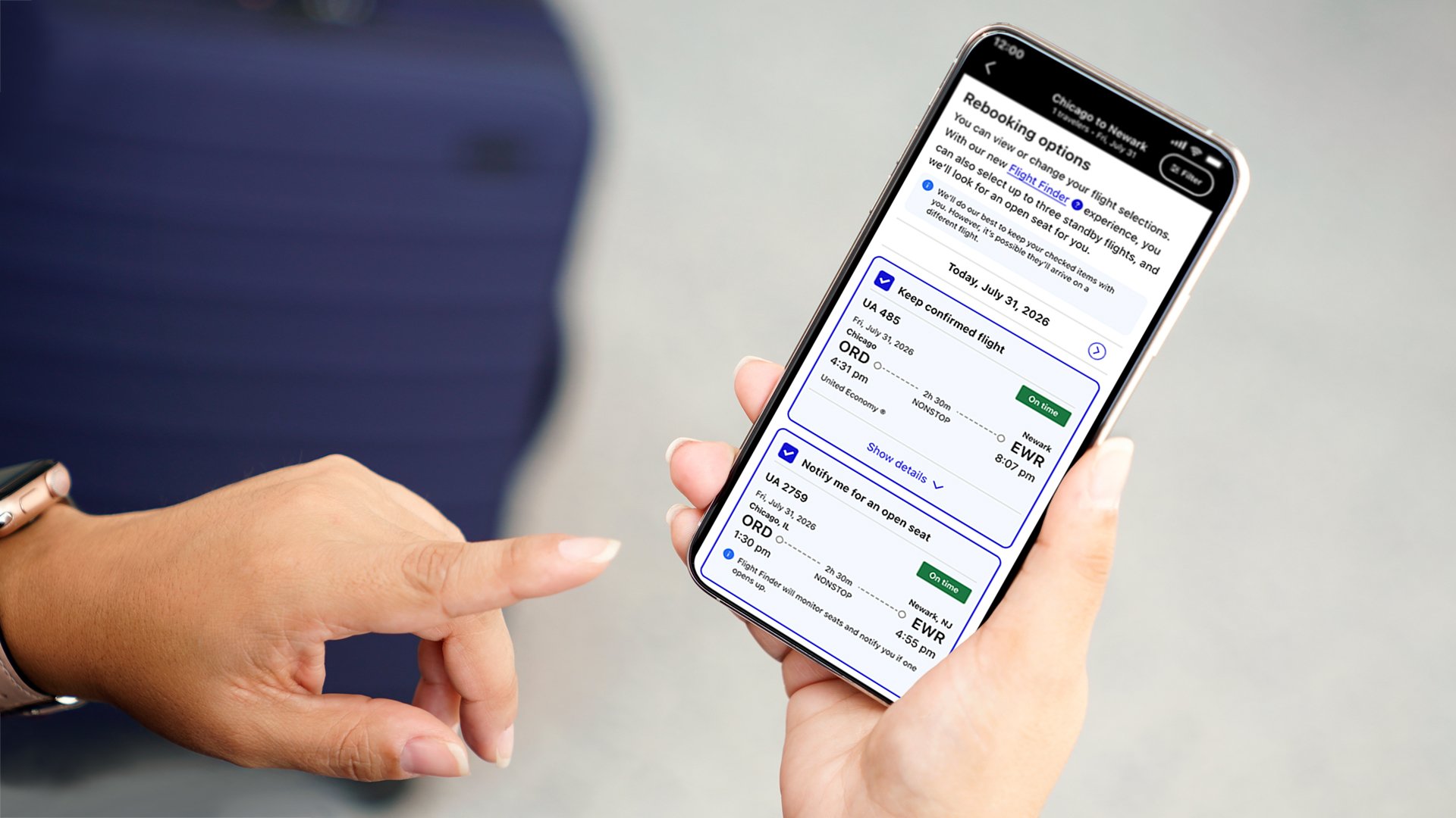 United app screens showing how a traveler can join standby lists for several earlier flights after a disruption.