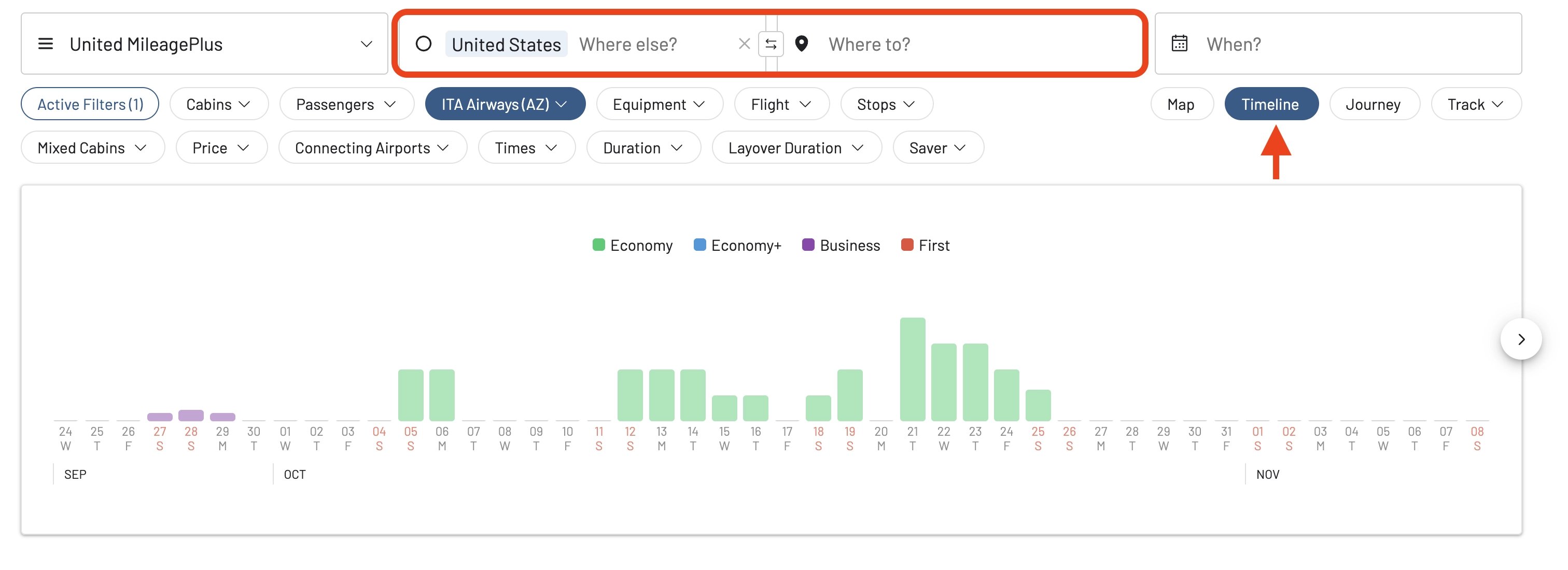 Timeline view in AwardFares showing award availability for ITA Airways flights.