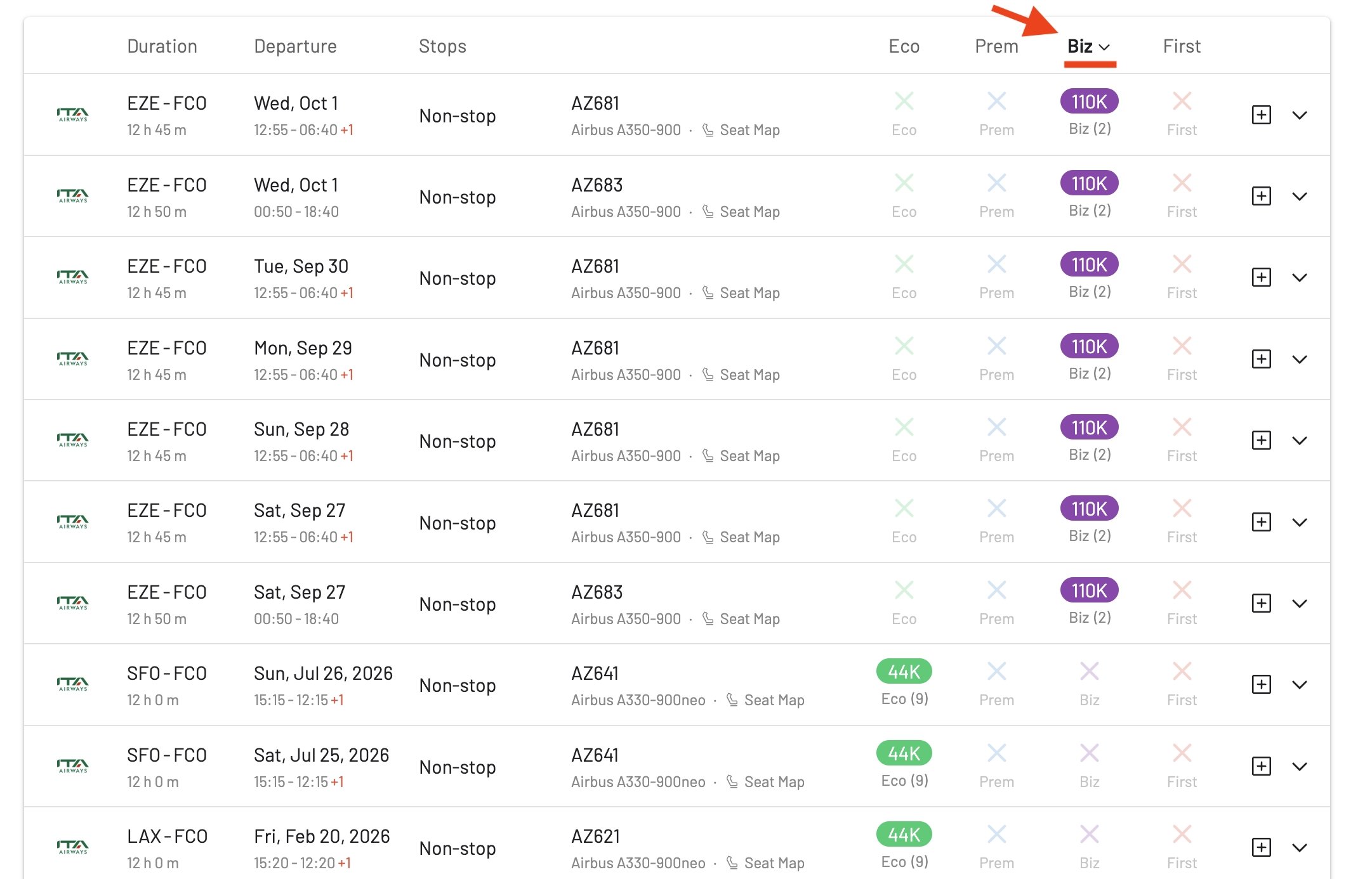 Award search results on AwardFares highlighting a flight operated by ITA Airways.