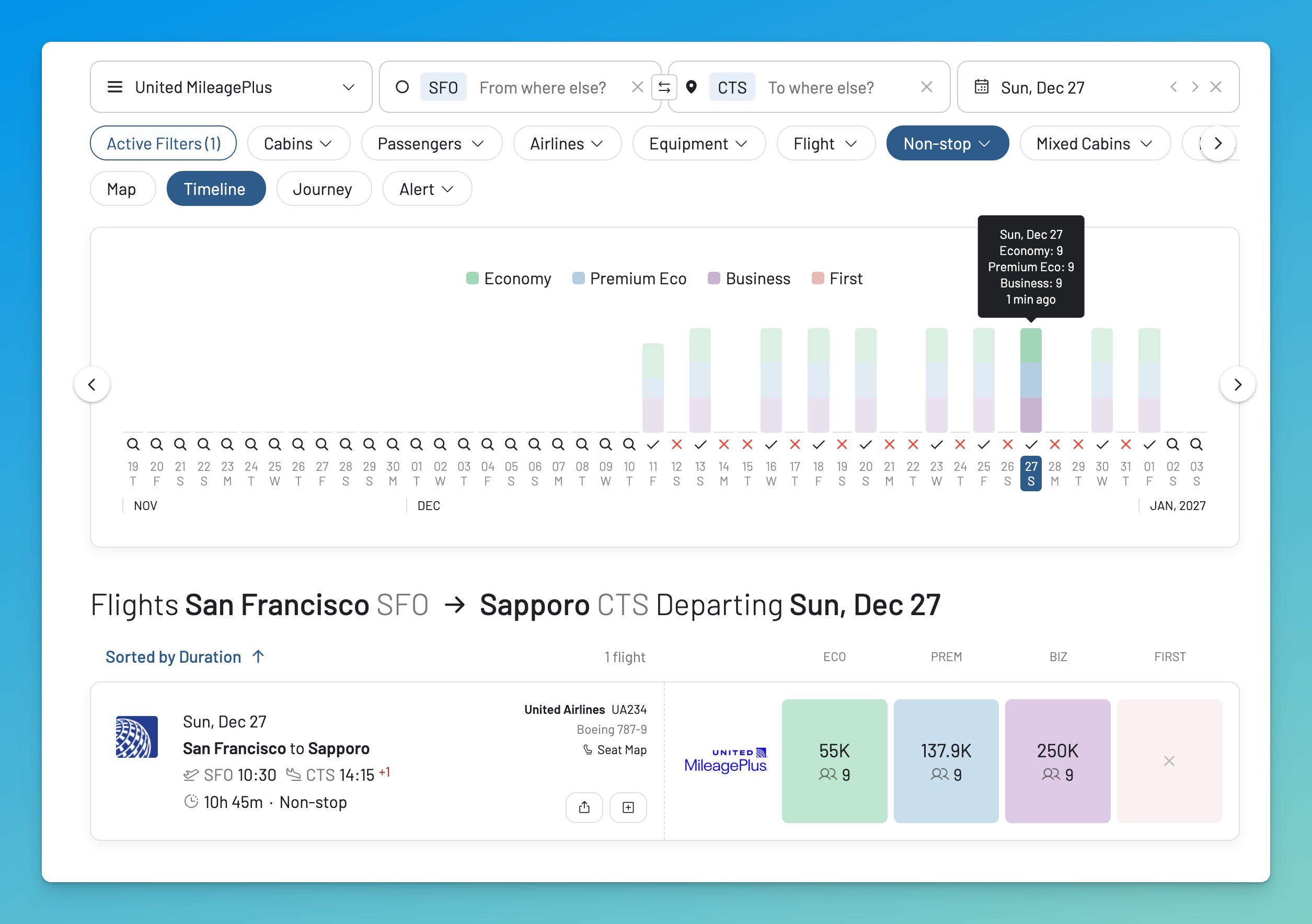 United San Francisco to Sapporo route availability using United MileagePlus