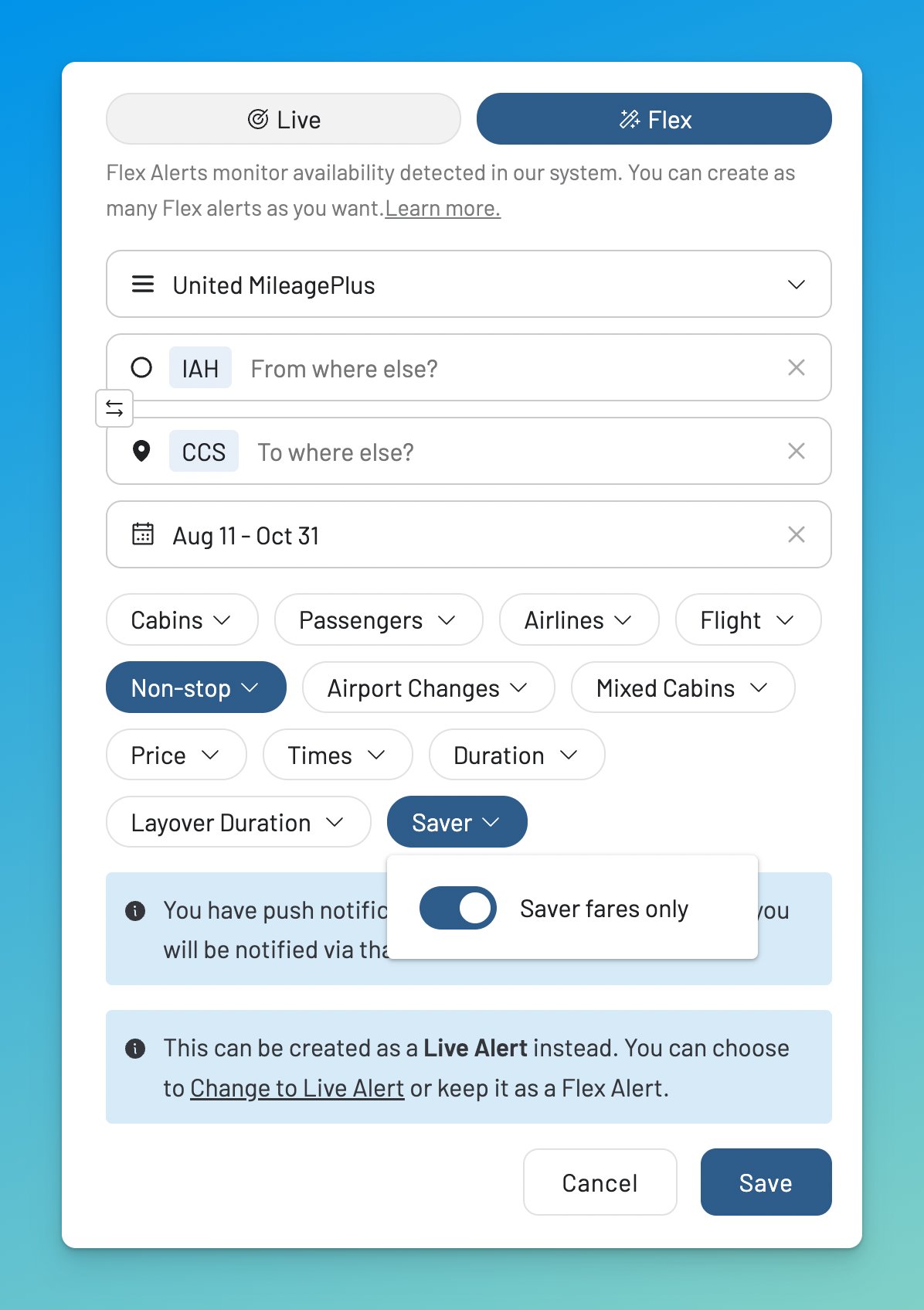 United Houston-Caracas route: set a flex alert to find award availability.
