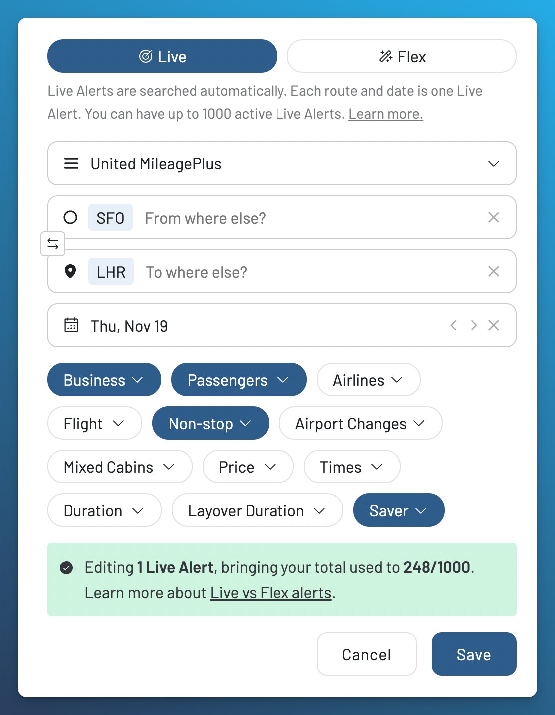 AwardFares Live Alert editor for a United MileagePlus business-class search from SFO to LHR with nonstop and Saver filters selected.