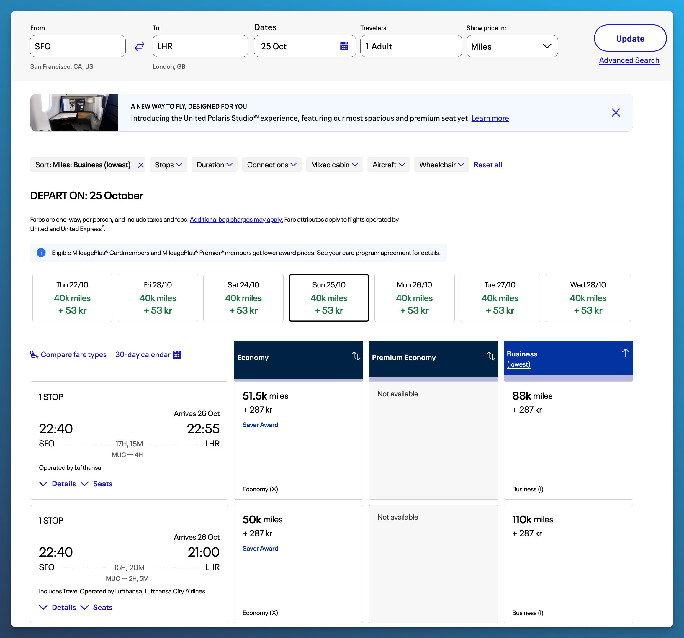 United award search showing the matching SFO to LHR Lufthansa itinerary in business class for 88,000 miles.