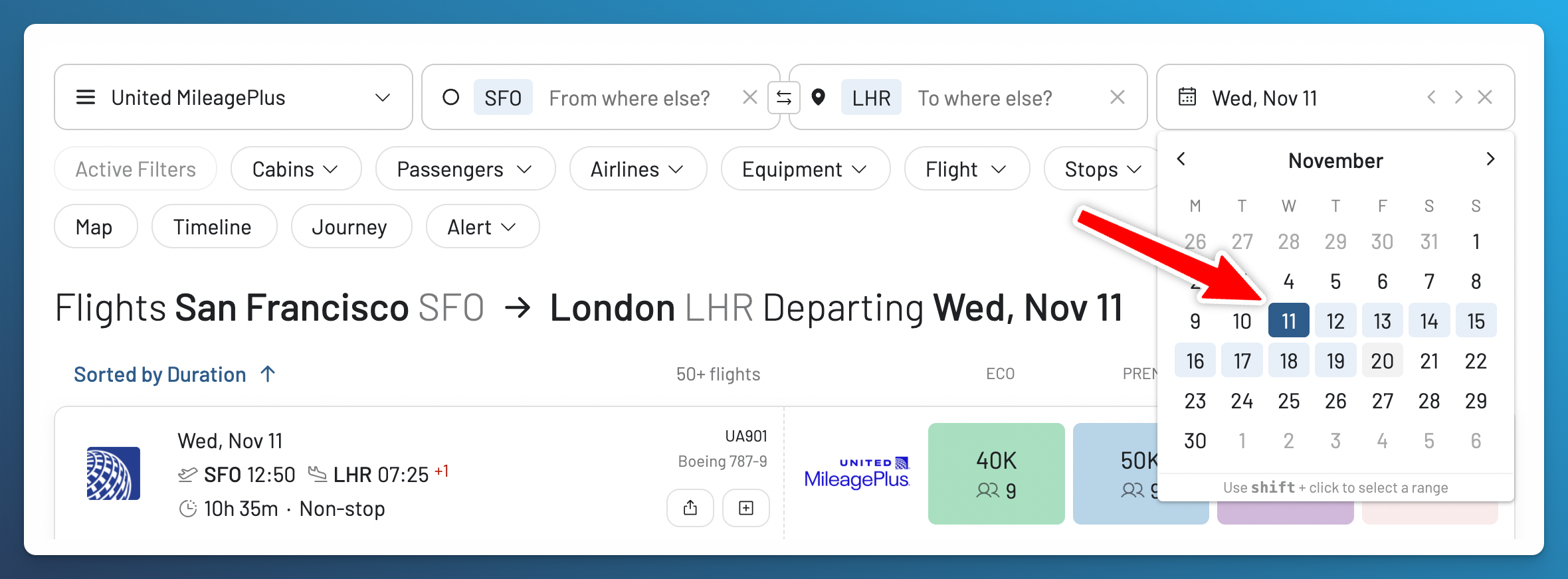 AwardFares date picker for an SFO to LHR United MileagePlus search with November 11 selected.