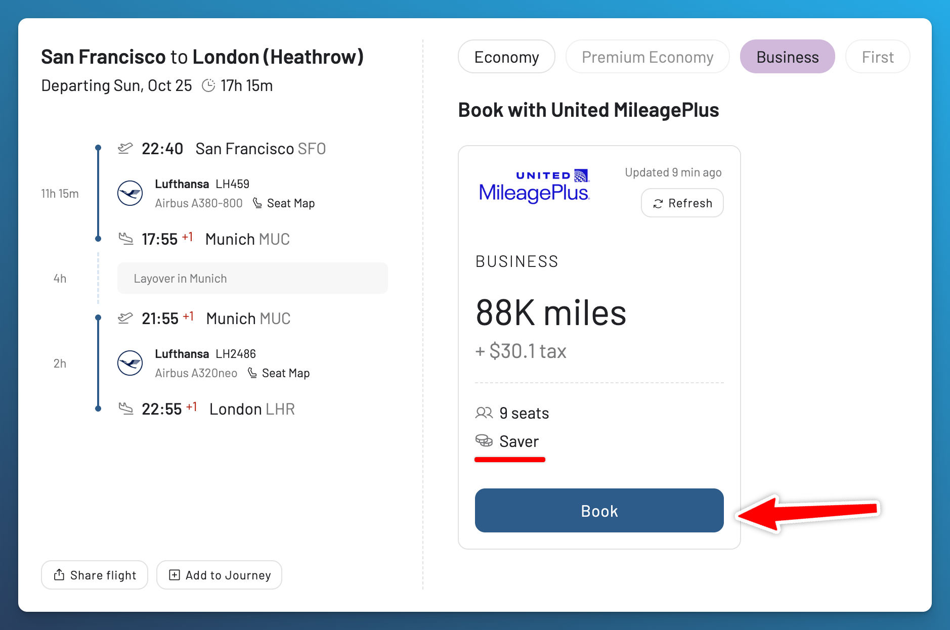 AwardFares flight details for a Lufthansa business-class itinerary from SFO to LHR bookable with 88,000 United miles plus taxes.