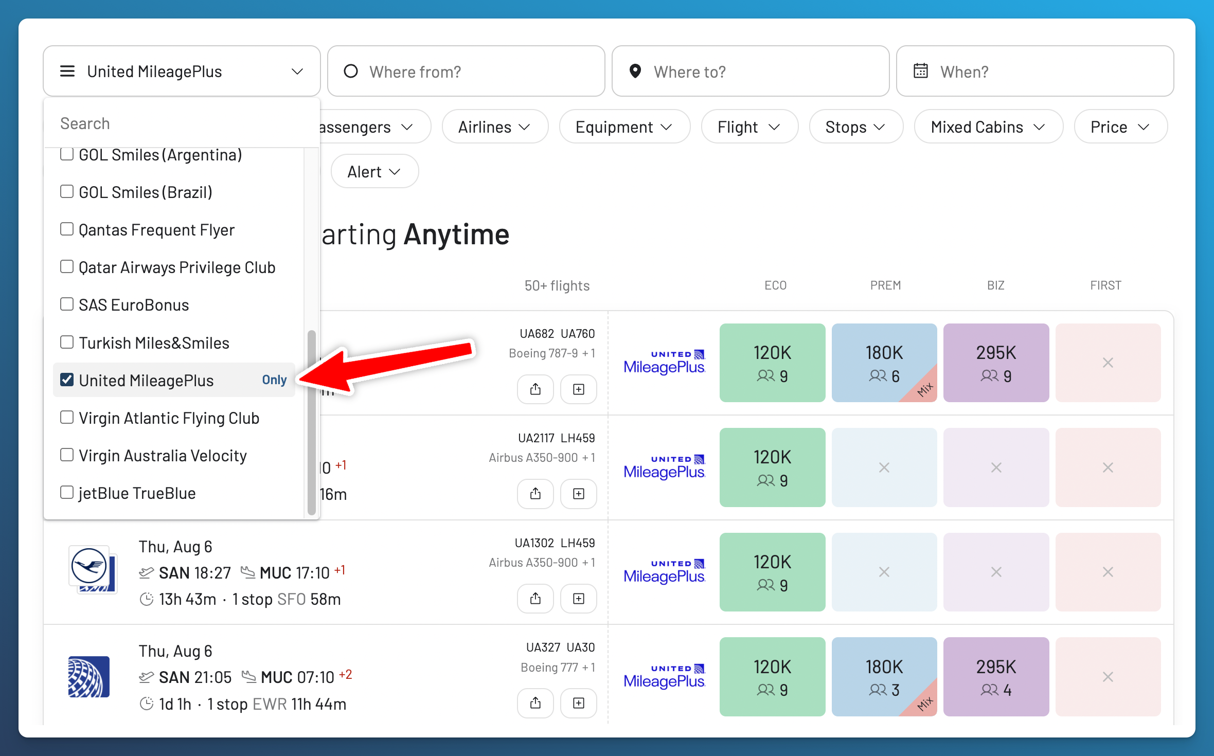 AwardFares frequent flyer program menu with United MileagePlus selected and the Only option highlighted.