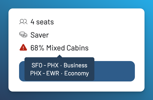 AwardFares mixed-cabin explanation showing a four-seat Saver award with SFO to PHX in business and PHX to EWR in economy.