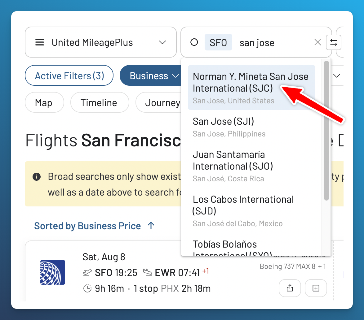AwardFares origin search adding San Jose (SJC) alongside SFO for a nearby-airport search.