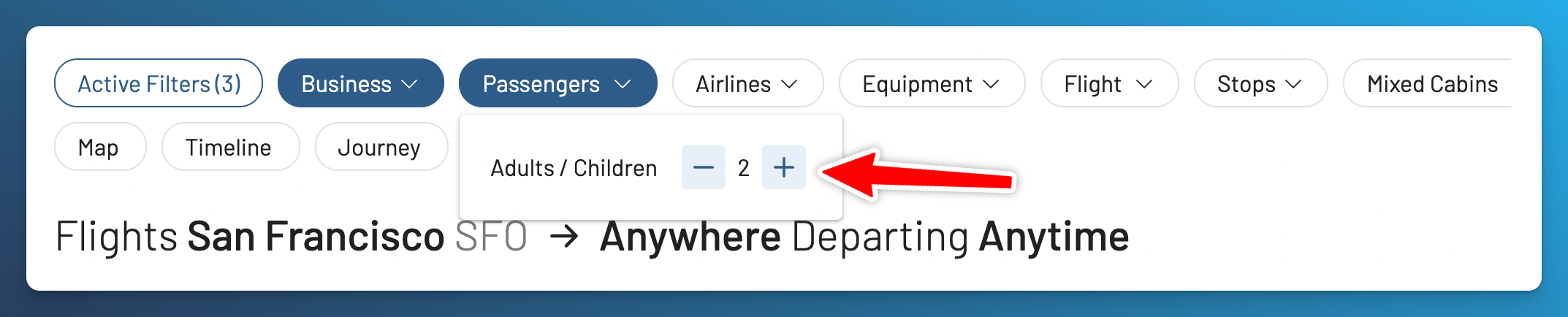 AwardFares Passengers filter being increased to two travelers for a business-class award search.