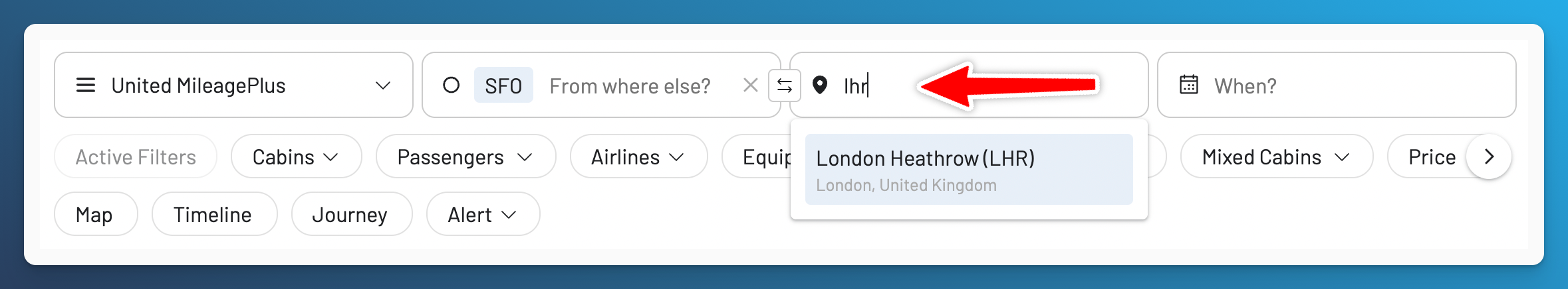 AwardFares route search with SFO selected and London Heathrow (LHR) suggested as the destination.