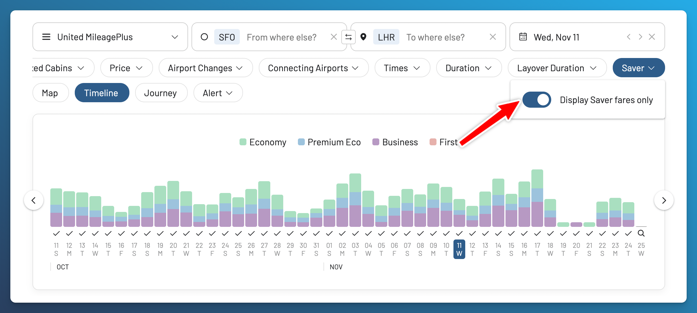 AwardFares Saver filter with Display Saver fares only enabled for a United MileagePlus Timeline search.